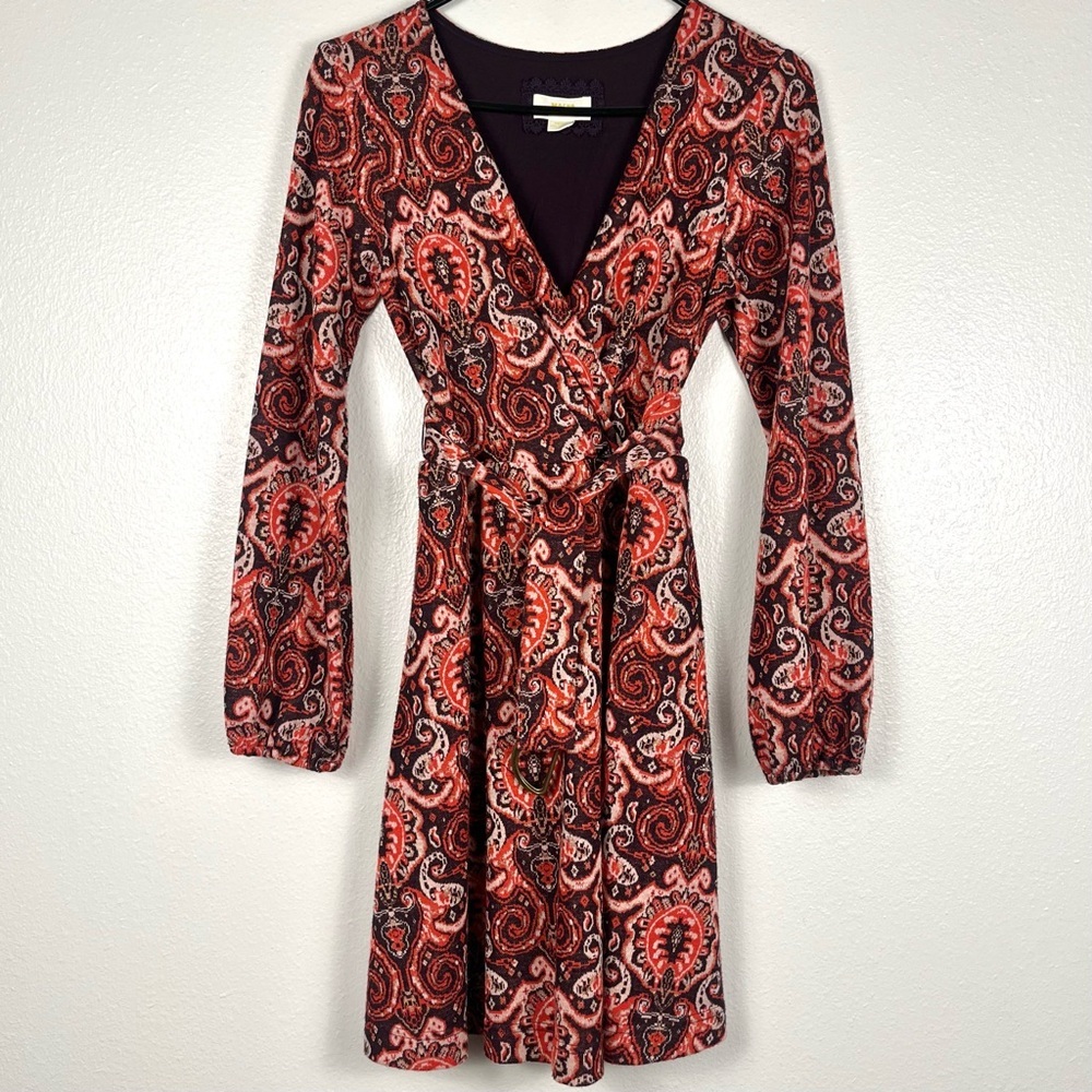 Anthropologie Maeve Belted Paisley V-Neck Long Sleeve A-Line Knit Dress Small - Picture 3 of 8